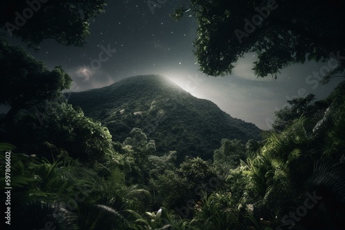 A verdant peak with foliage and celestial bodies during the nocturnal hours. Generative AI