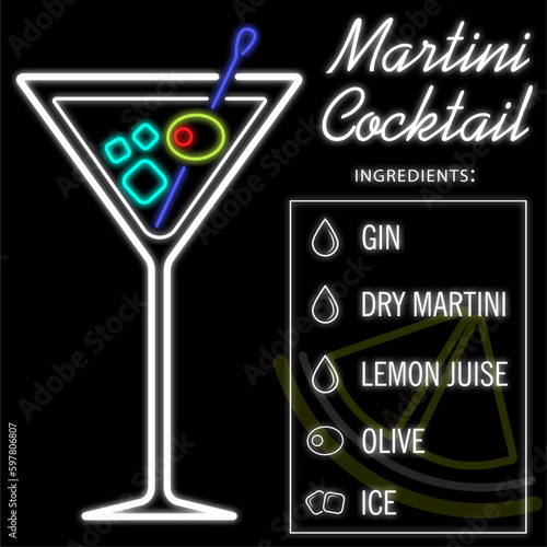 Martini cocktail. neon cocktail. Ingredients of a martini cocktail. Gin, Martini extra dry, Lemon juice, Olive, Ice.