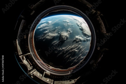 View of Earth from orbit as seen by astronaut through space station porthole. Generative AI