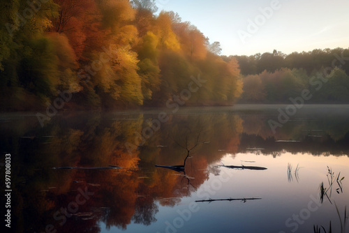 Picturesque lake in autumn forest. Digitally generated ai image