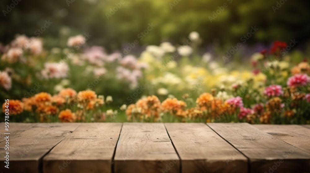 Empty wooden table for product display background, banner and product advertisement mock up with beautiful flowers behind, AI generated