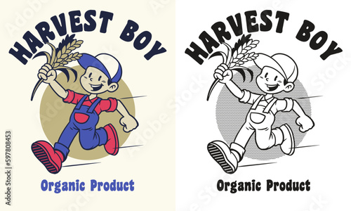 Retro Cartoon Character of Farming Harvest Boy