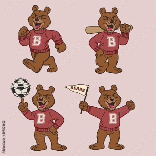 Set of Grizzly Bear Sport Mascot in Vintage Retro Hand Drawn Style