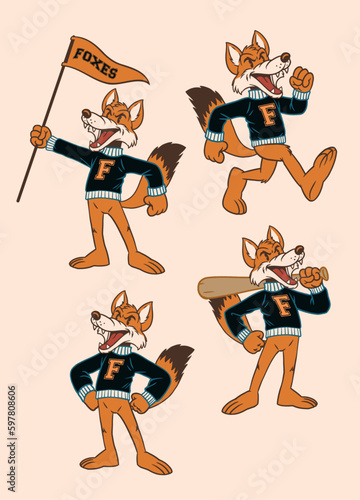 Set of Fox Sport Mascot in Vintage Retro Hand Drawn Style