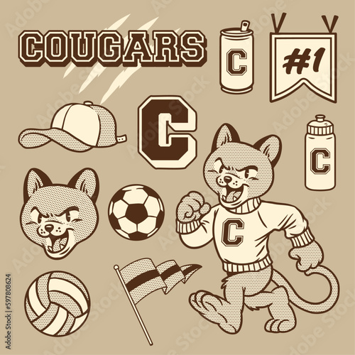 Set of Hand Drawn object of Cougar Lion Mascot