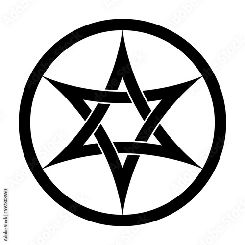 Hexagram with interlaced curved arcs, a six pointed star in a circle frame. Two interwoven arched triangles, based on the Seal of Solomon, predecessor of the Star of David with overlapping triangles. photo