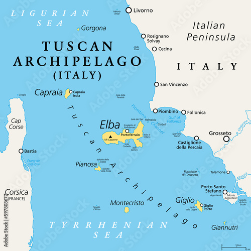 Tuscan Archipelago, Italy, political map. Chain of islands between Ligurian Sea and Tyrrhenian Sea, west of Tuscany, between Corsica and Italian Peninsula. Most known islands are Elba and Montecristo.