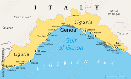 Liguria and the Italian Riviera, the Ligurian Riviera, political map. Region of north-western Italy, with capital Genoa. A narrow coastal strip between Ventimiglia and La Spezia, on the Ligurian Sea.
