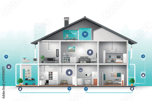 Cross section of a house with smart home connections, wifi stations, icons. Vector graphic