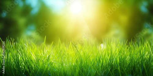 Fresh green grass background in sunny summer day. A natural spring garden background of fresh green grass for product display. generative ai. Blurred nature background