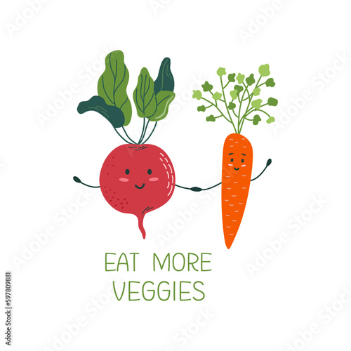 Cartoon veggies characters. "Eat more veggies" lettering. Poster with cute beetroot and carrot. Sustainable lifestyle concept. Flat style vector illustration.