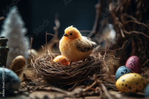Easter scene with chick, nest, and colorful eggs in shallow focus. Generative AI