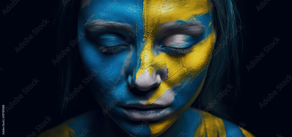 Portrait of sad woman with colors of Ukrainian flag on her face. Urkaine war.