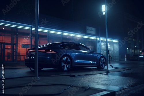 Neon EV charging from power station. Generative AI