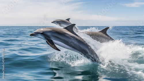 Beautiful bottlenose dolphins jumping out of sea with clear blue water on sunny day, generative ai © Gasspoll