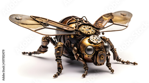 Metal steampunk bee on a white background. Generative AI.