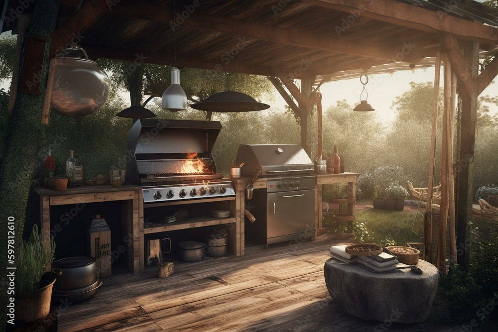 Outdoor cooking area in 3D. Generative AI