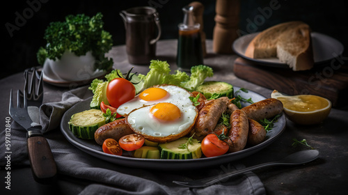 Healthy ketogenic lunch plate with vegetables, fried egg and sausages, generative ai