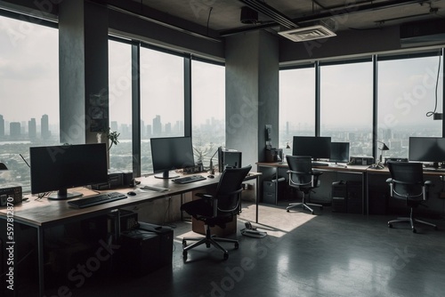 A modern office with versatile work spaces, storage and an expansive view. Generative AI