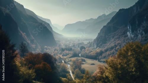 Beautiful scenic landscapes with mountains in Europe. Generative AI