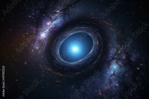 Illustration of a black hole with a fantasy galaxy background. Generative AI