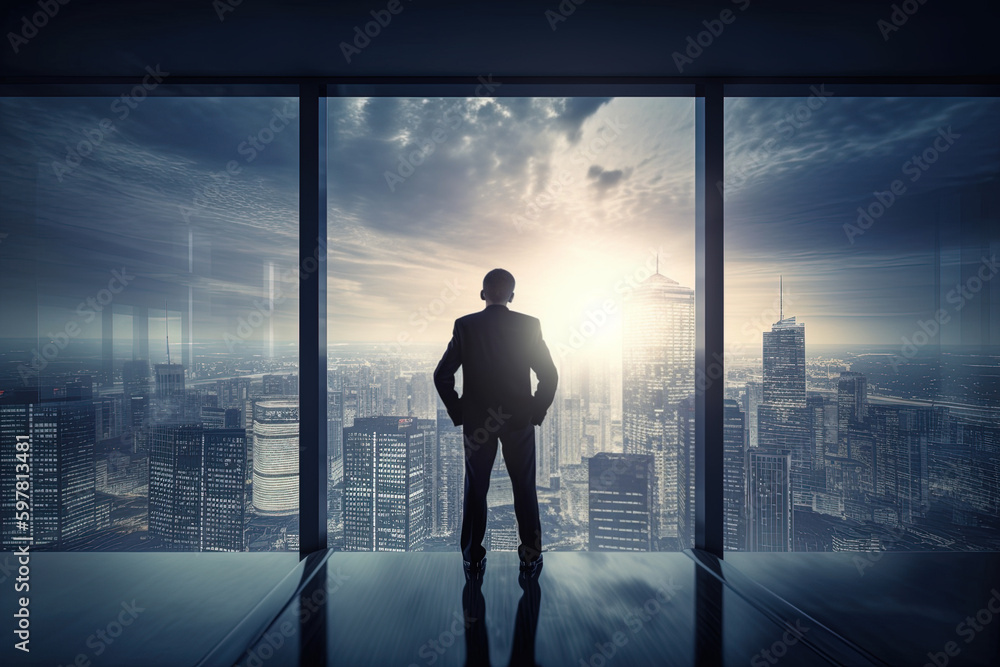 Fototapeta premium Businessman looking at financial district from his office building, generative ai