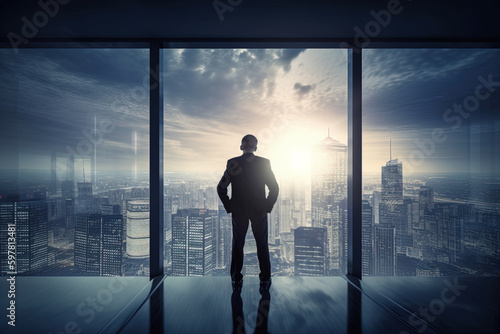 Businessman looking at financial district from his office building, generative ai