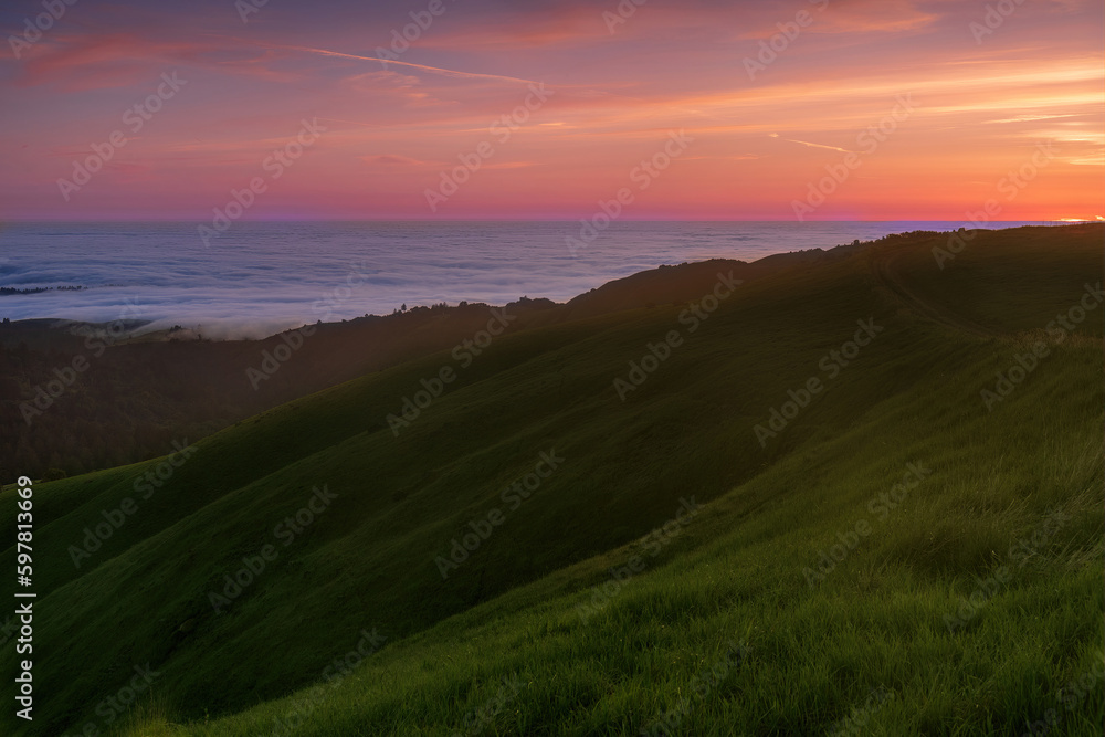 Vibrant Sunset of Santa Cruz Mountains via Russian Ridge Open Space Preserve in San Mateo County, California, USA.