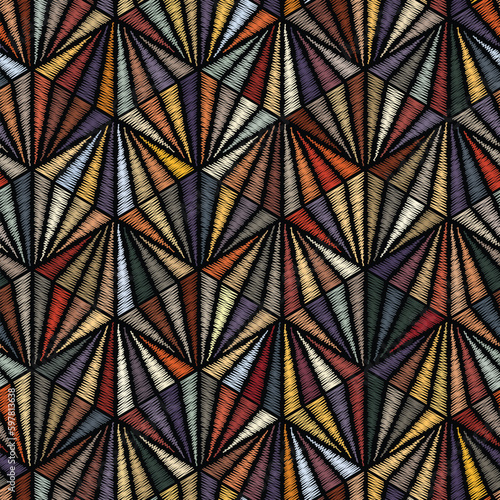 Seamless abstract geometric pattern with multicolored embroidered triangles on black background. Decorative vector embroidery design for textile, wrapping, and graphic projects.