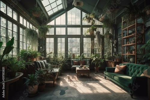 An interior concept of a green house. Generative AI