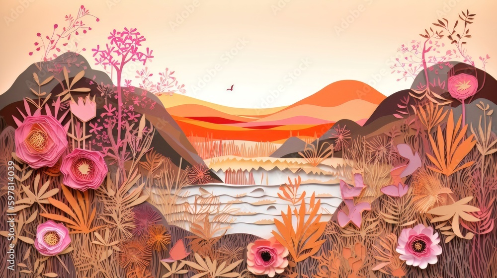 Autumn nature, landscape art paper cut. Generative AI Autumn nature, landscape art paper cut. Generative AI