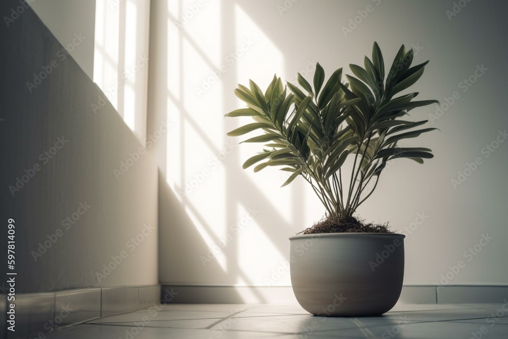 A potted plant sits on a white wall providing a banner space, seen on a blank background. Generative AI