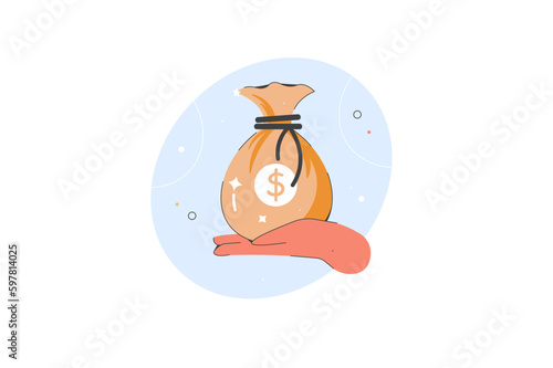 Dollars money bag on hand, holding money bag with dollar sign. Vector illustration. Buisness and finance Concept. Infographics web design elements.