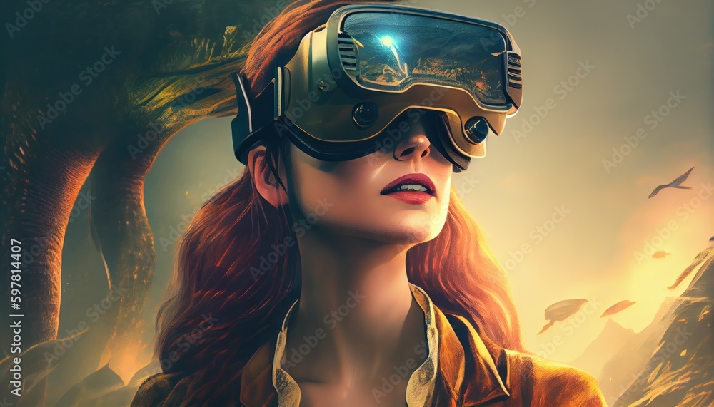 Portrait of young woman in VR glasses headset on time travel Jurassic period with dinosaur fantastic background. Virtual reality futuristic concept. Portrait of young woman in VR glasses headset on time travel Jurassic period with dinosaur fantastic background. Virtual reality futuristic concept.
