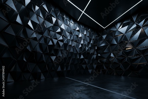 Modern dark surface with pyramidal shapes. Polygonal black banner. Generative AI photo