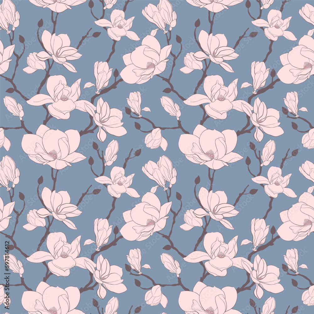 Floral seamless pattern with pink Anise magnolia flowers, leaves and branches on blue background. Vintage vector ornament template for fabric, prints, greeting cards, packaging paper, textile.