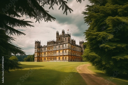 Highclere Castle, Jacobethan house in Newbury, England. Home of Earl & Countess Carnarvon. Downton Abbey setting. May 27, 2018. Generative AI photo
