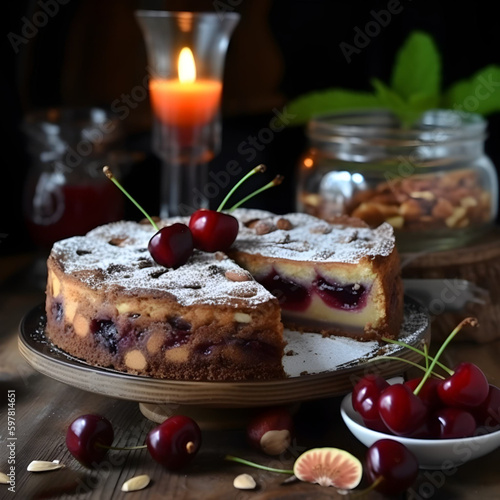 Cheesecake with lots of cherries on a rustic background, closeup, generative AI.