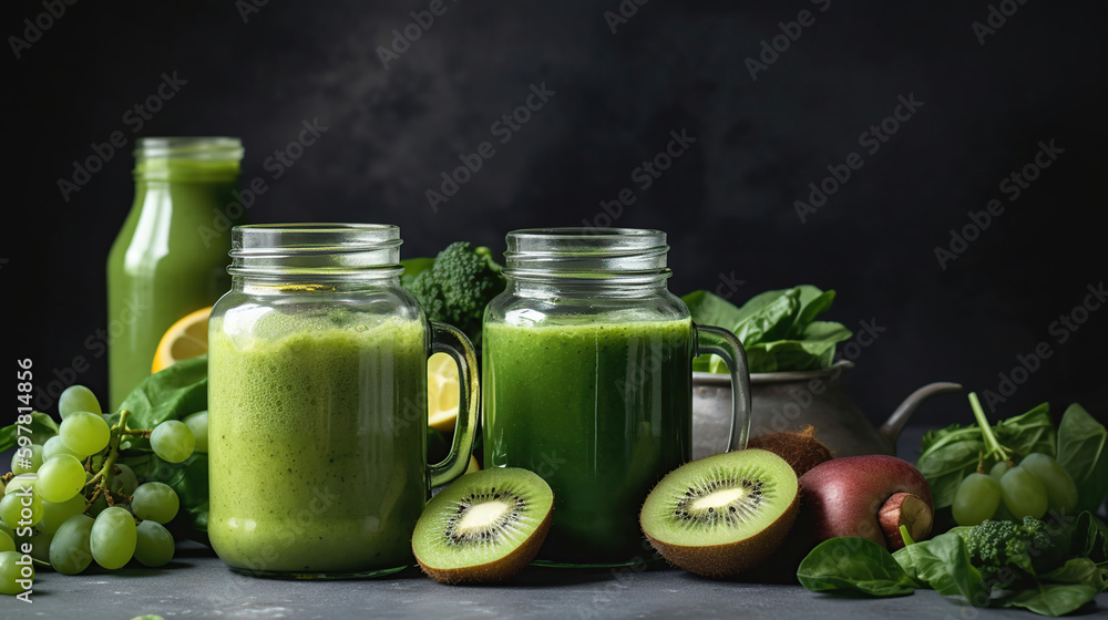 Glass jar mugs with green health smoothie, kale leaves, lime, apple, kiwi, grapes, banana, avocado, lettuce. vegan, vegetarian, alkaline food concept, generative ai Glass jar mugs with green health smoothie, kale leaves, lime, apple, kiwi, grapes, banana, avocado, lettuce. vegan, vegetarian, alkaline food concept, generative ai