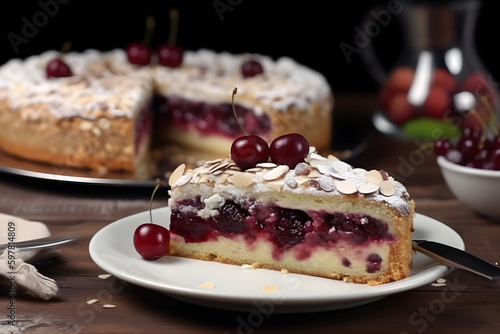 Cheesecake with lots of cherries on a rustic background  closeup  generative AI.