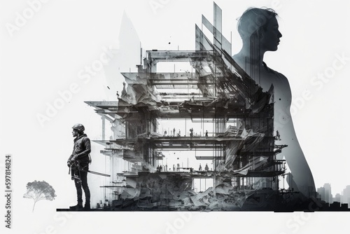 Building construction engineering project with double exposure design. Ai generative.