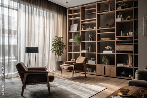 Wallpaper Mural Living room with shelves, chair, and divider. Generative AI Torontodigital.ca