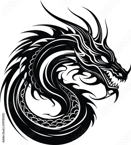 Dragon Tattoo, Tribal Dragon, Black and white dragon tattoo isolated vector illustration