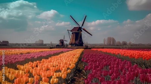 Colorful open field with beautiful tulips. Generative AI