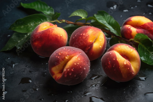 Fresh ripe yummy peaches on dark background. Generative AI
