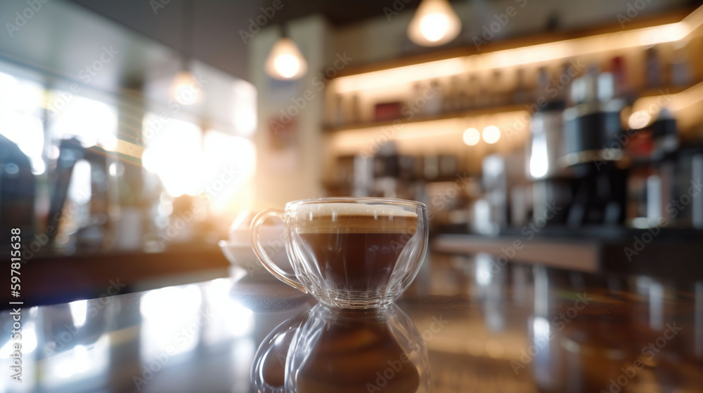 Blur coffee shop or cafe restaurant with abstract bokeh light image background. For montage product display or design key visual layout, generative ai