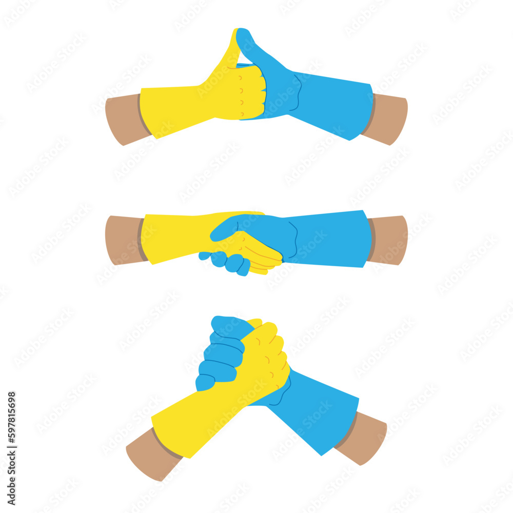 Illustration of handshakes in rubber gloves isolated on a white background. Respect and mutual assistance between cleaners. Vector graphics for the day of the cleaner. Illustration of handshakes in rubber gloves isolated on a white background. Respect and mutual assistance between cleaners. Vector graphics for the day of the cleaner.