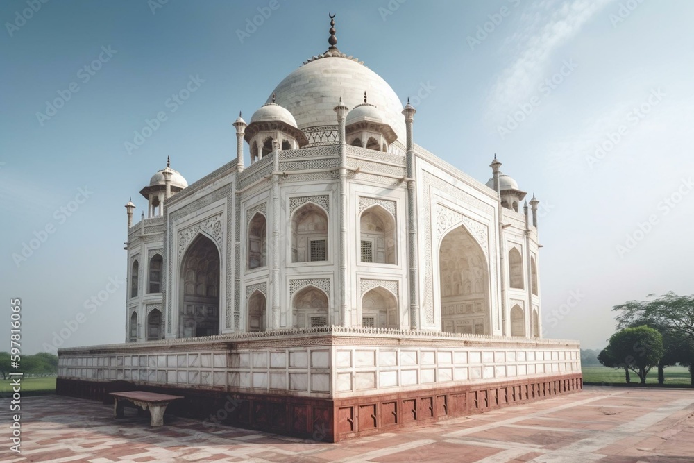 Iconic white marble mausoleum in Agra. Generative AI