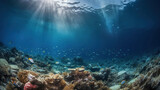 Underwater Shine With garbage Floating On Sea - Environmental Problem, generative ai