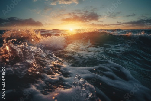 A massive ocean wave at dawn, with the turbulent sea illuminated by the rising sun. Generative AI